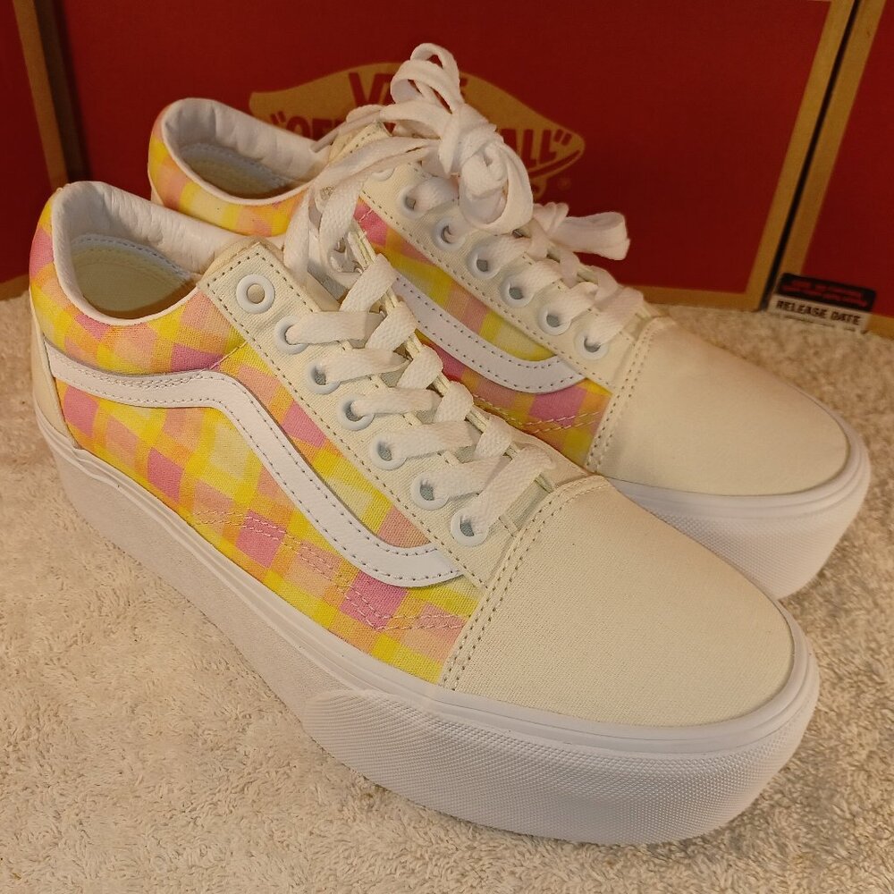 VANS Men's 6.5/Women's 8 Old Skool Stackform Platform Pastel Picnic Pink Plaid